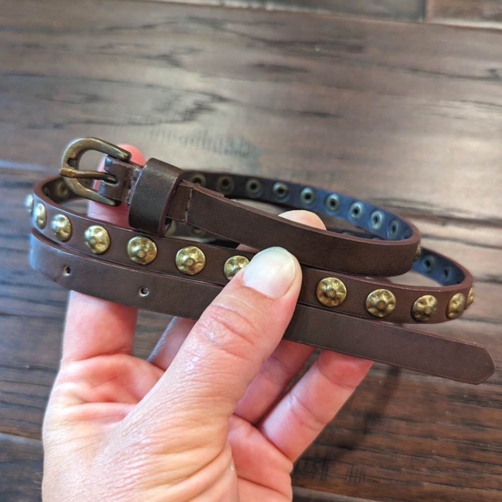 Women's brown faux leather skinny belt with gold studs